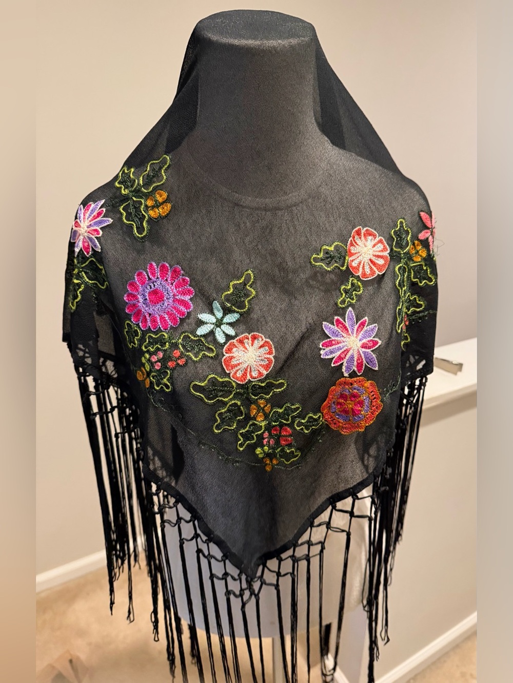 Vtg. 80s 90s Sheer Embroidered Floral Fringe Piano Wrap Shawl.